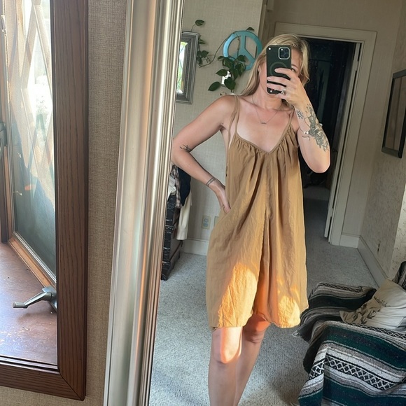 H&M Tan Cotton Mini Dress W/ Spaghetti Straps and Relaxed Fit - Picture 1 of 11